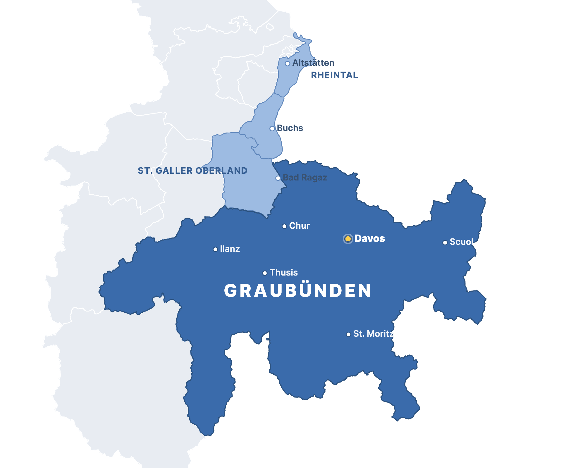 Karte des Einsatzgebiets: Kanton Graubünden, St. Galler Oberland und Rheintal mit Bürostandort Davos